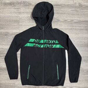 Dip Action Mens Small Black Green Graphic Full Zip Hooded Windbreaker Jacket